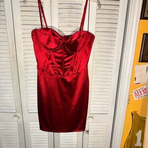 Fashion Nova Red Satin Mini Bodycon Dress with Spaghetti Straps